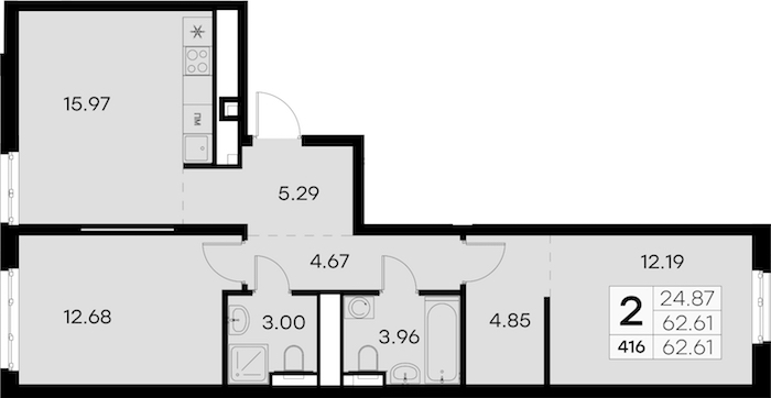 2-комнатная квартира 62.61 м², 2/8 эт., ЖК «Glorax City Балтийская»